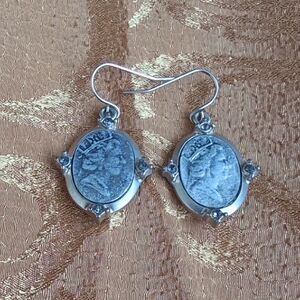 Silver Queen Elizabeth II Cameo Earrings with Hook-Style Earwires
